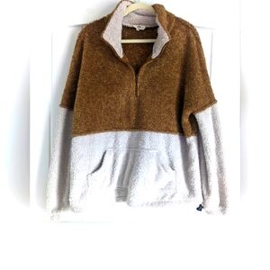 Comfy Color Block Half Zip Fuzzy Oversized Fleece Brown/Cream | M